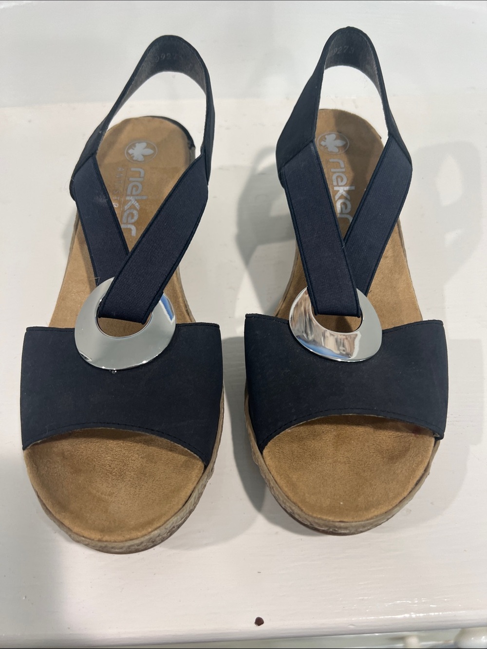 Rieker Navy Slingback Wedge Sandals with Silver Ring womens 39/8. stylish. comfo
